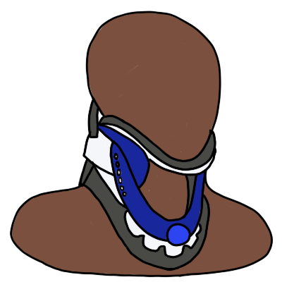 an adjustable cervical collar with blue highlights, shown on a plain brown bust of a person